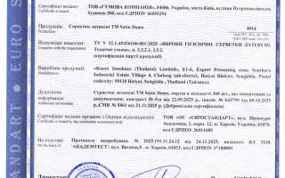 Сертифікат відповідності на латексні серветки ТМ Satin Dams