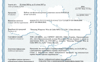 Сертифікація кабелю для фотоелектричних сонячних систем H1Z2Z2-K відповідно до ДСТУ EN 50618:2018